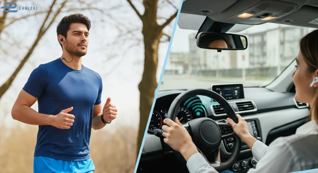 A collage illustrating everyday Bluetooth use, featuring three scenes: a person jogging with wireless earbuds, a car dashboard with hands-free calling, and a smart home interior with Bluetooth-connected lights or a thermostat.