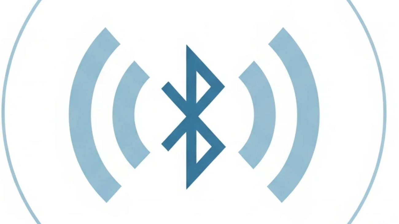 A clean, wide-angle digital illustration showing a modern workspace with a smartphone, laptop, wireless earbuds, and smartwatch. They are placed apart but visually connected by subtle blue dotted lines, representing how Bluetooth works by sending wireless signals between devices for seamless connectivity. The composition is minimal, calm, and tech-friendly, with soft lighting and a neutral background.