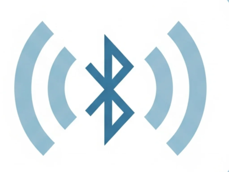 A clean, wide-angle digital illustration showing a modern workspace with a smartphone, laptop, wireless earbuds, and smartwatch. They are placed apart but visually connected by subtle blue dotted lines, representing how Bluetooth works by sending wireless signals between devices for seamless connectivity. The composition is minimal, calm, and tech-friendly, with soft lighting and a neutral background.