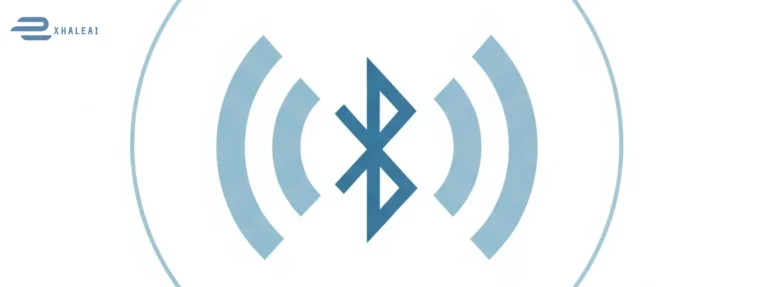 A clean, wide-angle digital illustration showing a modern workspace with a smartphone, laptop, wireless earbuds, and smartwatch. They are placed apart but visually connected by subtle blue dotted lines, representing how Bluetooth works by sending wireless signals between devices for seamless connectivity. The composition is minimal, calm, and tech-friendly, with soft lighting and a neutral background.