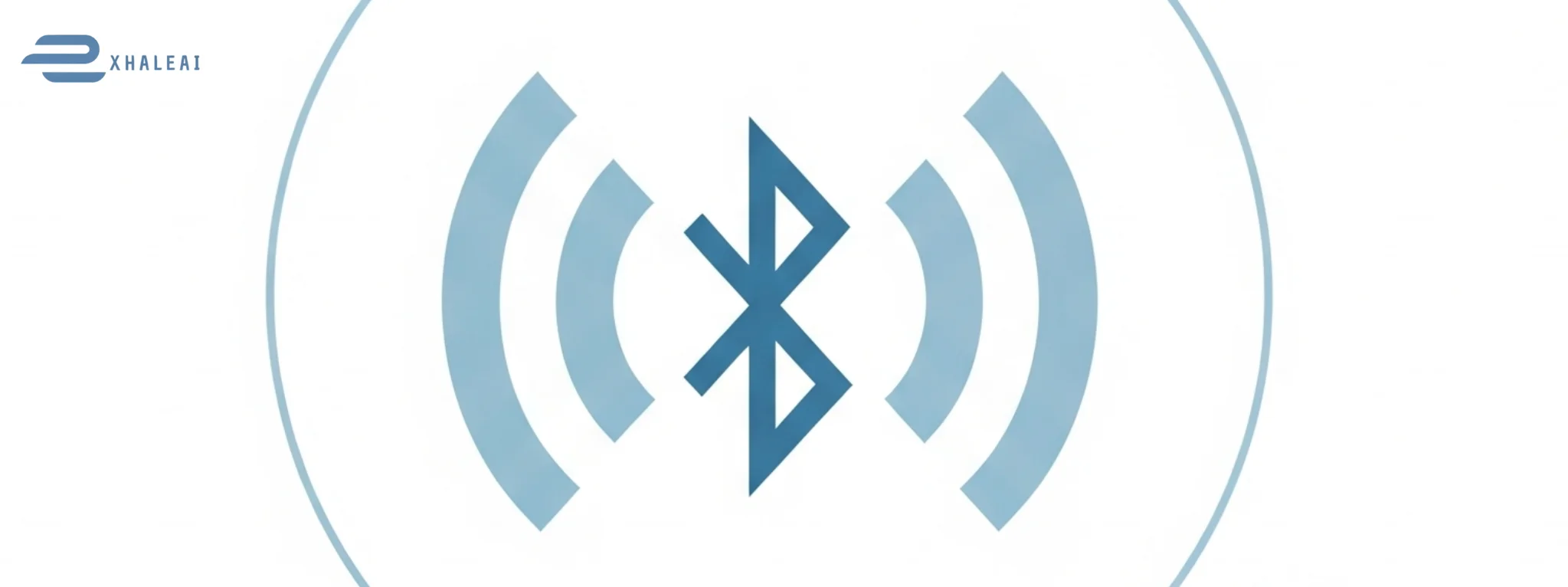 A clean, wide-angle digital illustration showing a modern workspace with a smartphone, laptop, wireless earbuds, and smartwatch. They are placed apart but visually connected by subtle blue dotted lines, representing how Bluetooth works by sending wireless signals between devices for seamless connectivity. The composition is minimal, calm, and tech-friendly, with soft lighting and a neutral background.