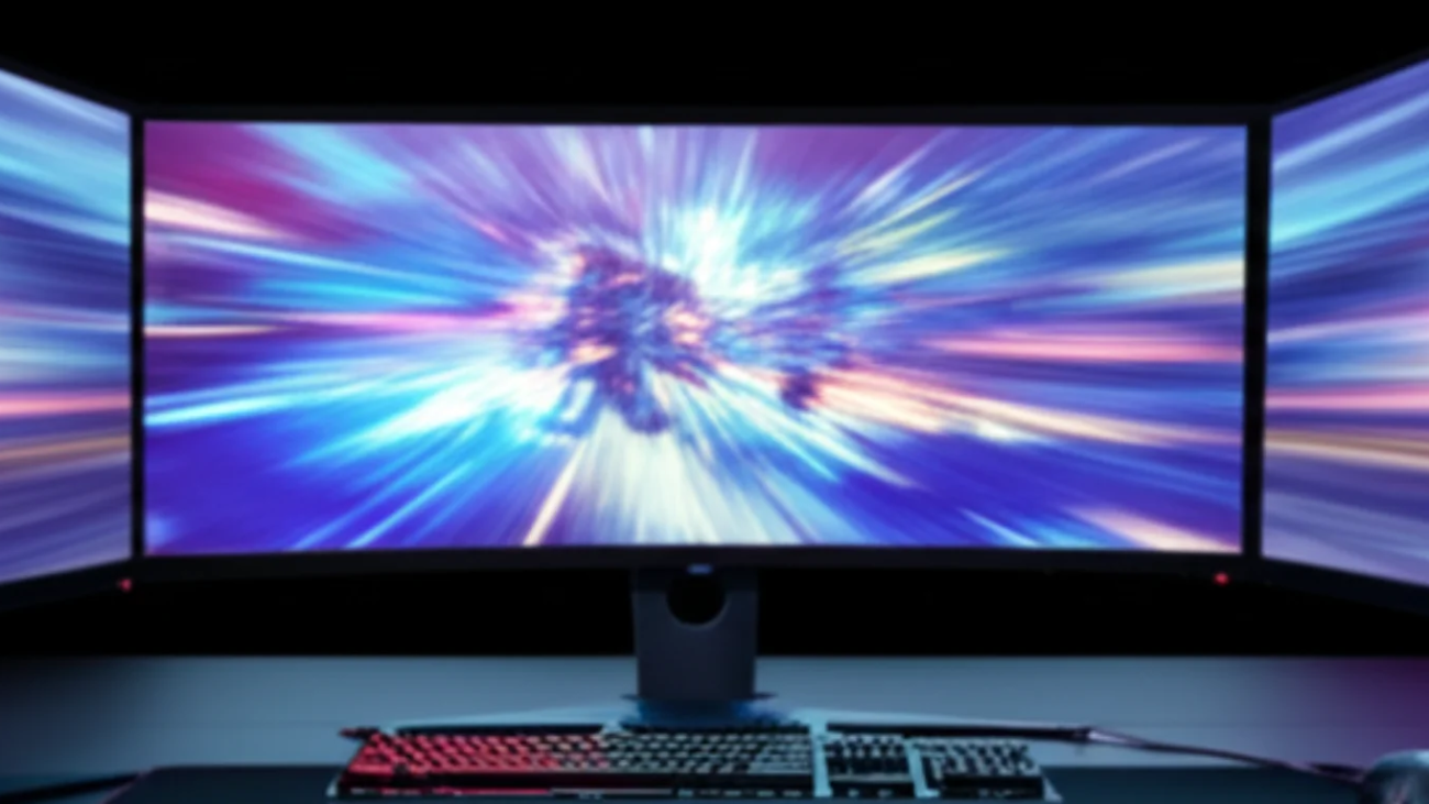 A vibrant, landscape-oriented image showcasing a sleek gaming setup with dual monitors displaying fast-paced, colorful gameplay. Subtle motion blur behind the screens conveys speed. A gaming keyboard and mouse are visible on a dark mat, suggesting a high-performance environment relevant to "How to Reduce Input Lag in Gaming". The blue and purple lighting creates an energetic, tech-focused atmosphere.