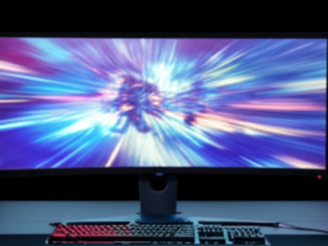 A vibrant, landscape-oriented image showcasing a sleek gaming setup with dual monitors displaying fast-paced, colorful gameplay. Subtle motion blur behind the screens conveys speed. A gaming keyboard and mouse are visible on a dark mat, suggesting a high-performance environment relevant to "How to Reduce Input Lag in Gaming". The blue and purple lighting creates an energetic, tech-focused atmosphere.