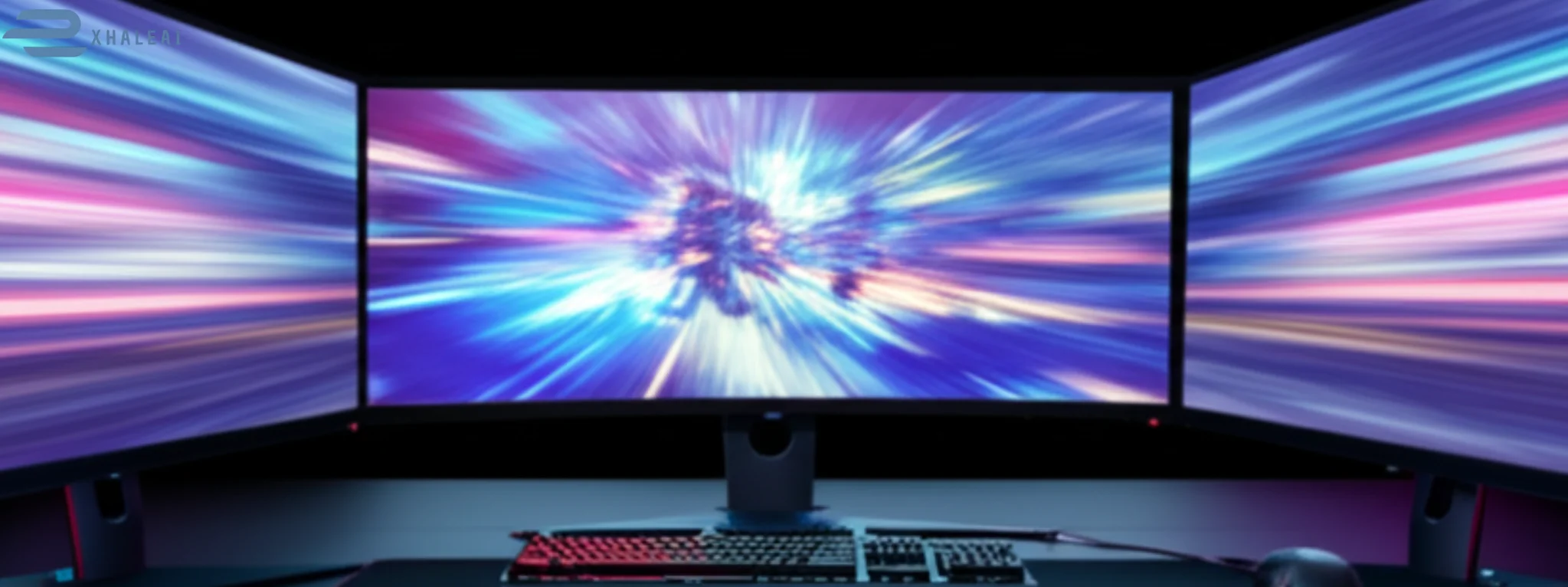 A vibrant, landscape-oriented image showcasing a sleek gaming setup with dual monitors displaying fast-paced, colorful gameplay. Subtle motion blur behind the screens conveys speed. A gaming keyboard and mouse are visible on a dark mat, suggesting a high-performance environment relevant to "How to Reduce Input Lag in Gaming". The blue and purple lighting creates an energetic, tech-focused atmosphere.