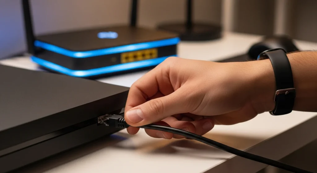 A close-up shot of a gamer's hand plugging an Ethernet cable into a gaming console, with a glowing router in the background. This image symbolizes the importance of a stable, wired internet connection as a key method for "How to Reduce Input Lag in Gaming" during online play.