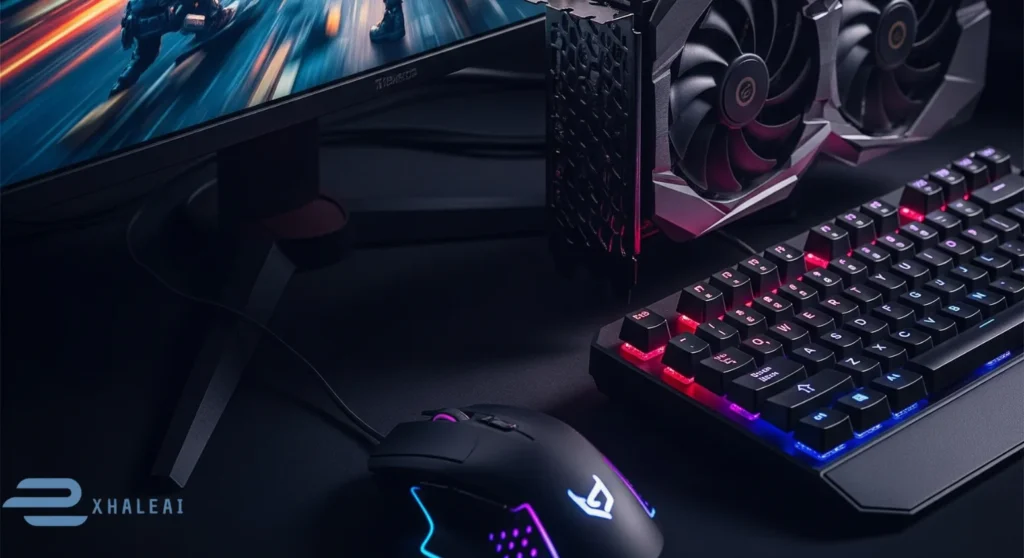 A close-up shot of a gaming monitor showing fast-paced action, alongside a high-end graphics card and a wired gaming mouse and mechanical keyboard. This setup highlights low-latency equipment, crucial for understanding "How to Reduce Input Lag in Gaming" and achieving responsive gameplay.